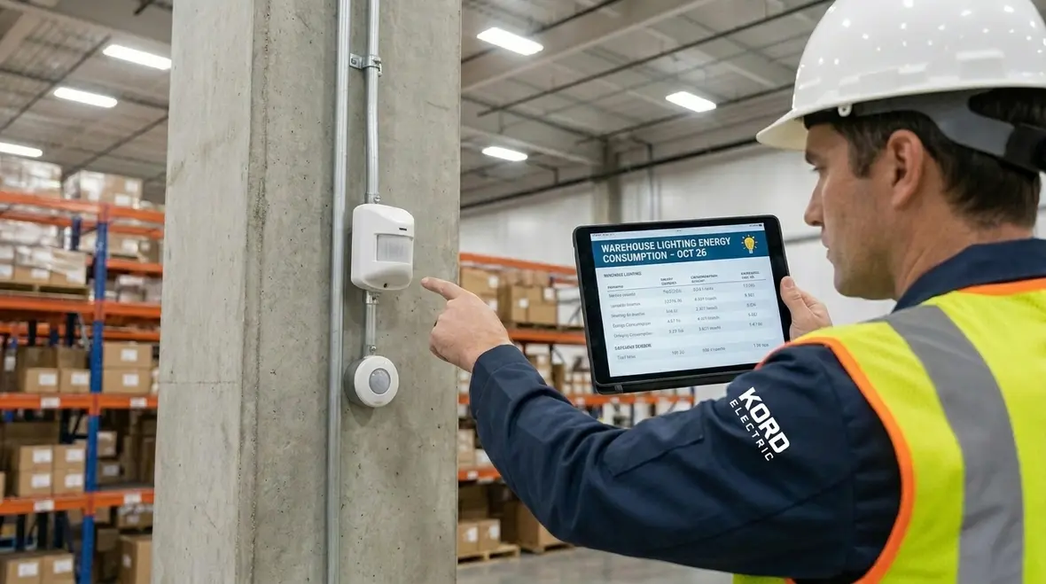 Technician configuring commercial smart lighting control panel