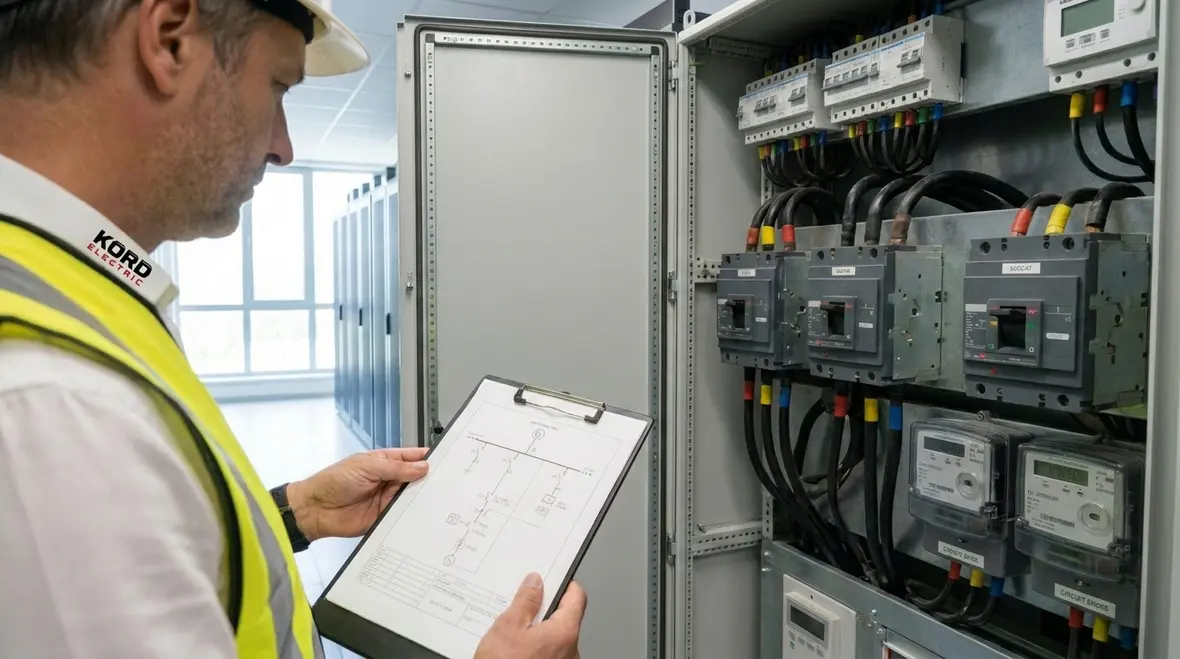 Technicians reviewing a commercial data center electrical distribution design one-line diagram