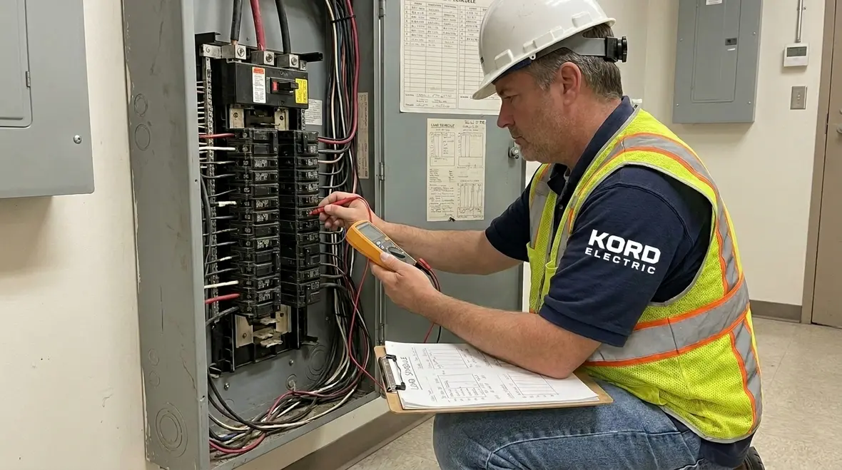 Technicians reviewing commercial building electrical load for EV chargers