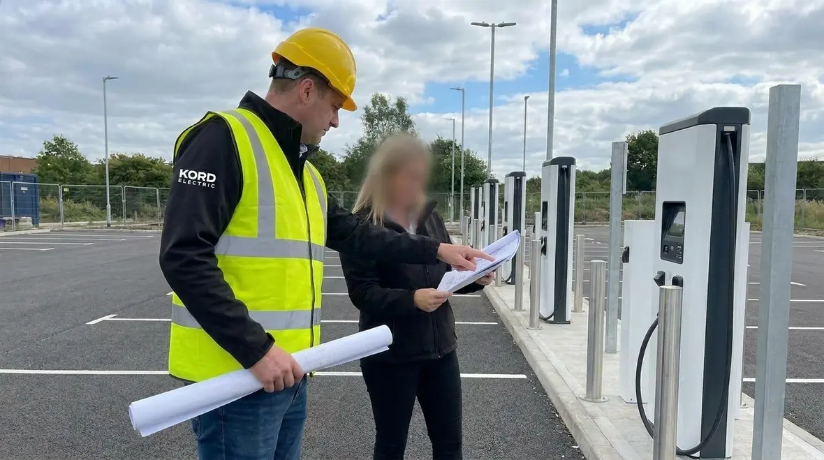 Commercial EV chargers installed at a business facility