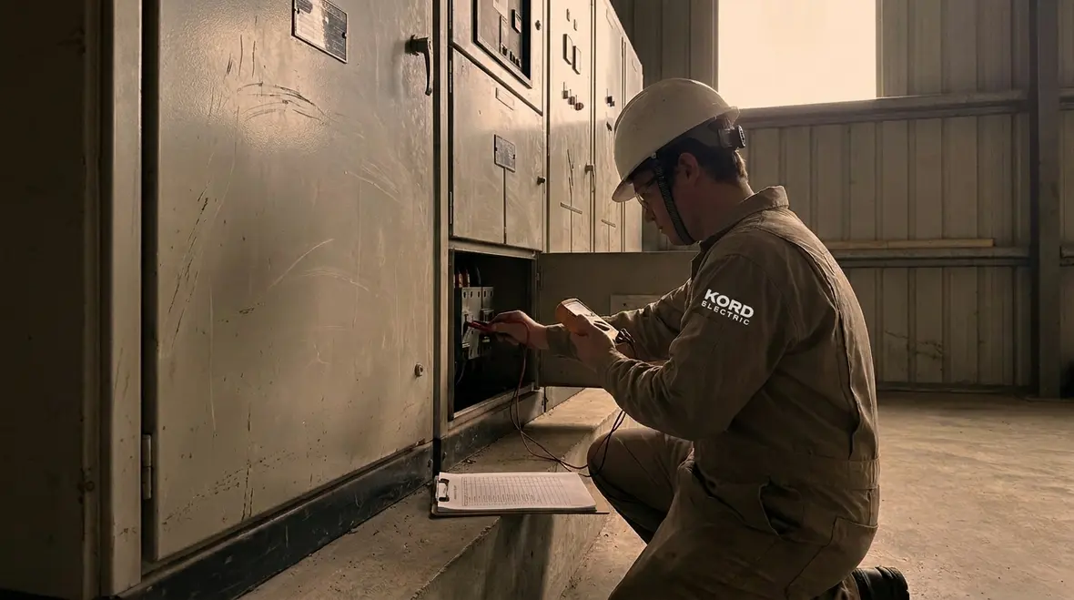 Technician performing preventive maintenance on commercial switchgear