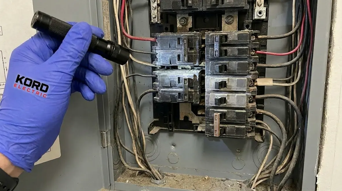 Inspector reviewing commercial electrical room for code compliance gaps