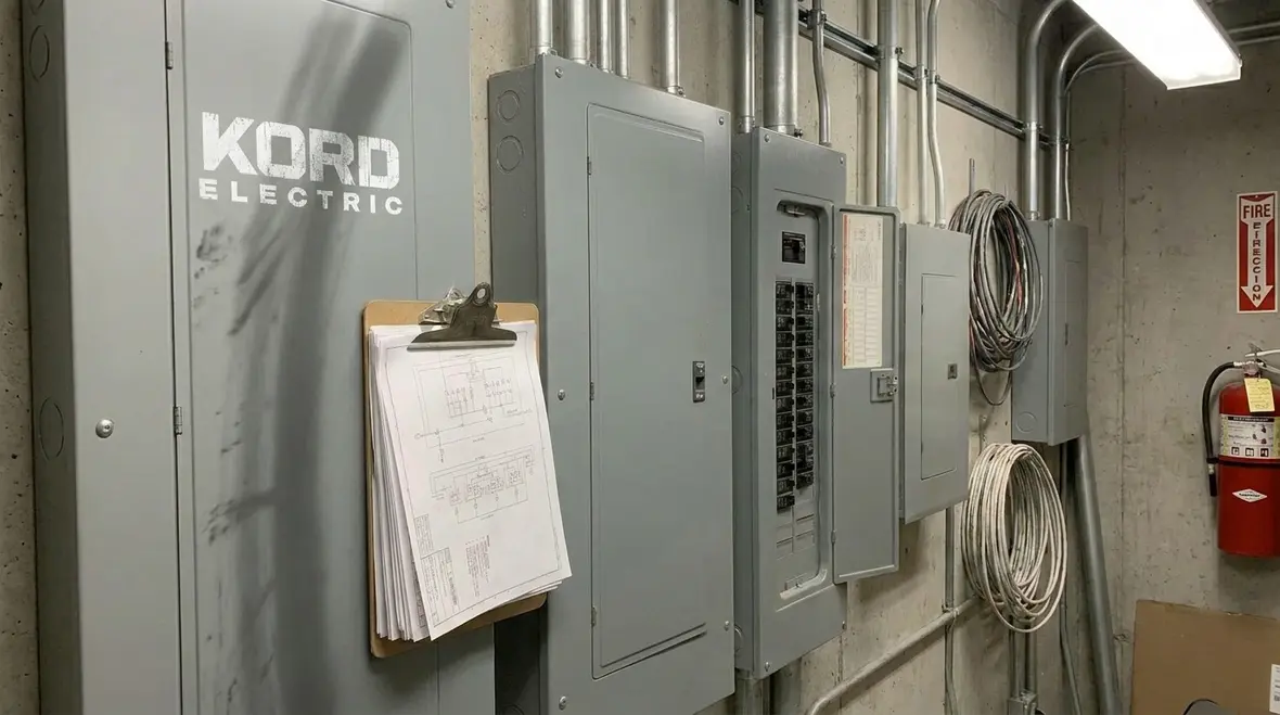 Commercial electrician reviewing code compliance documentation in a mechanical room