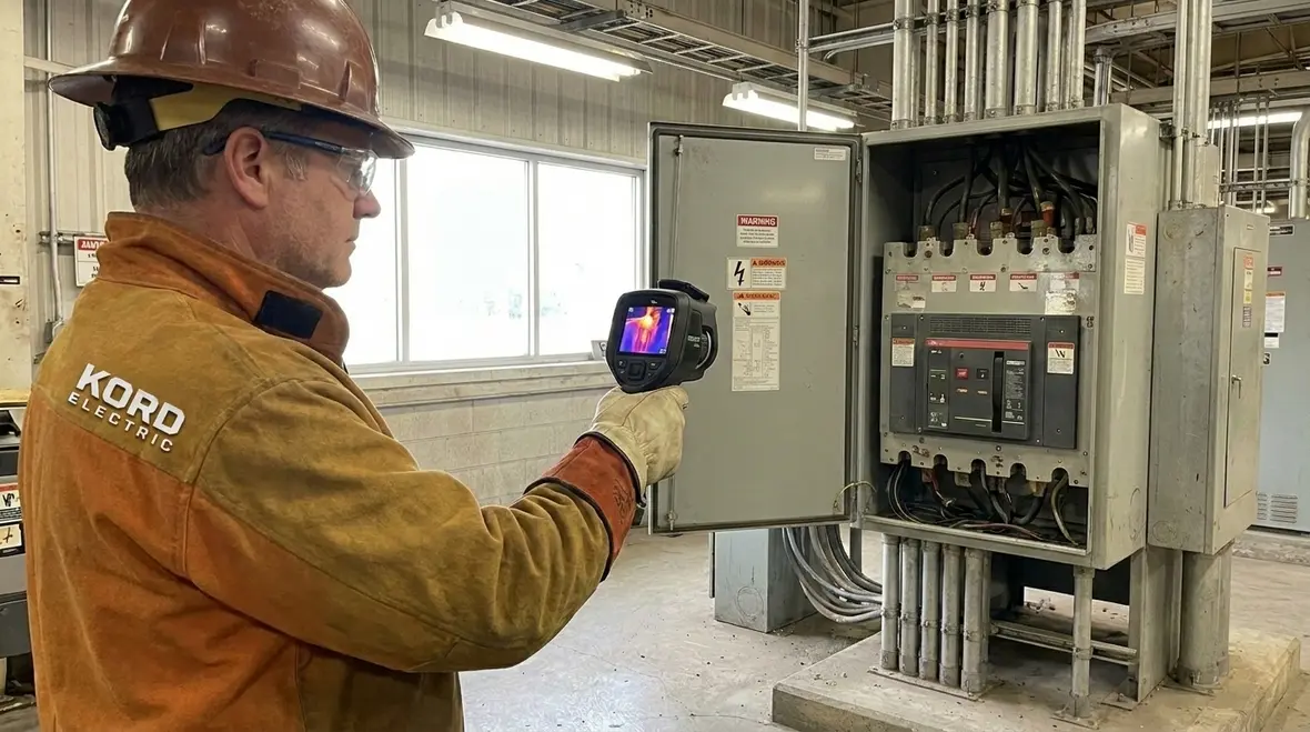 Technician performing a commercial electrical compliance audit in a facility