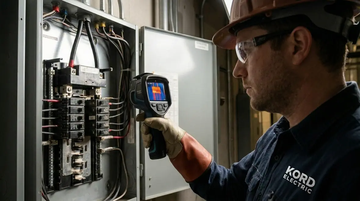 Technician performing commercial electrical distribution system troubleshooting in a commercial electrical room