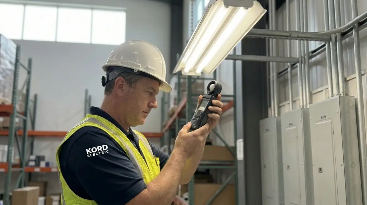 Technicians reviewing commercial lighting retrofit plans in a facility