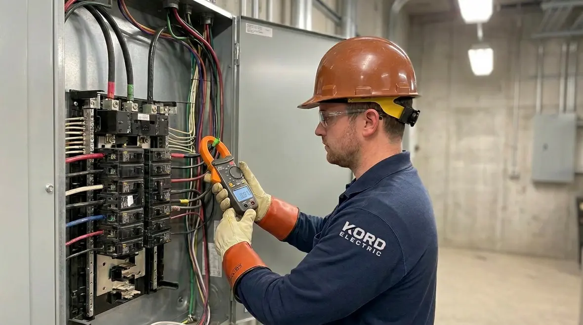 Technician performing commercial electrical load balancing in a main distribution panel