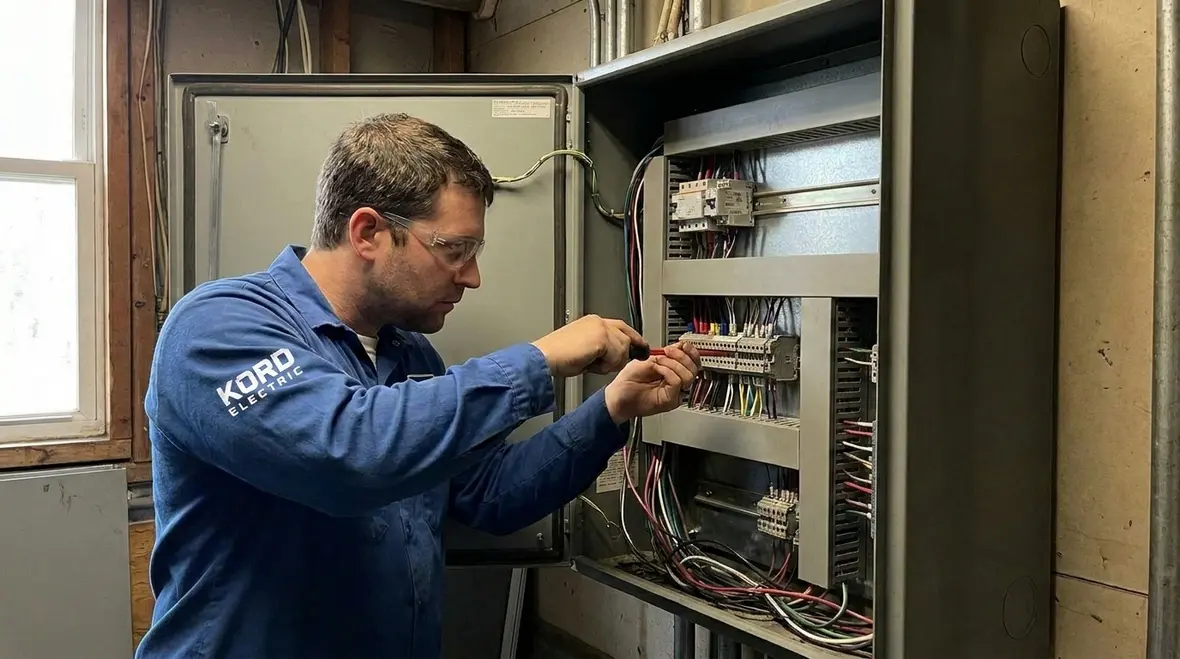 Technician reviewing commercial electrical load balancing strategies in a facility
