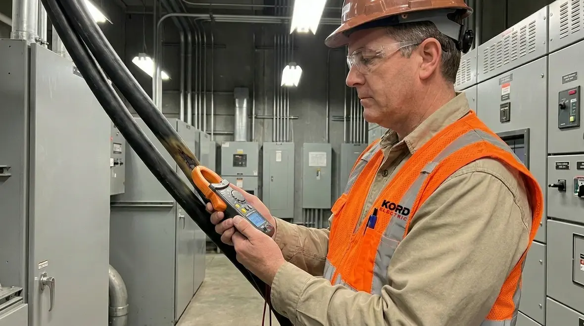 Electricians measuring phase loading and demand patterns in a commercial building