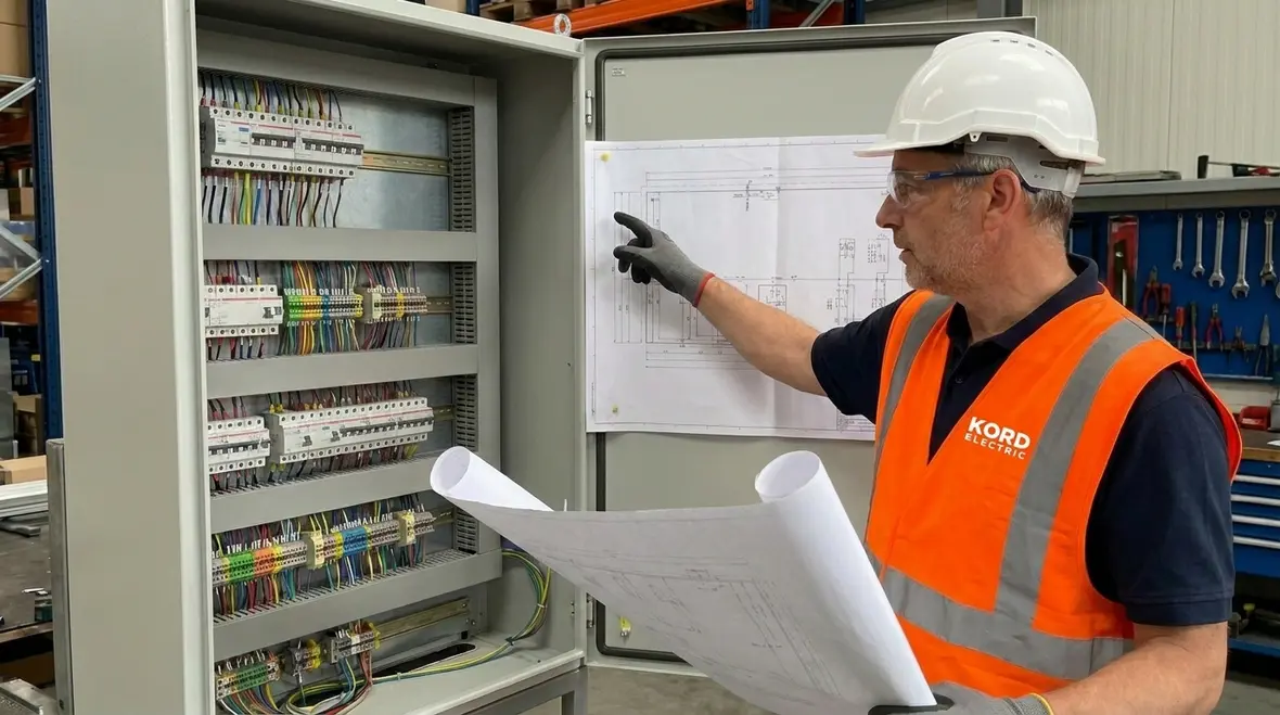Technicians reviewing a commercial electrical load calculation for expansion