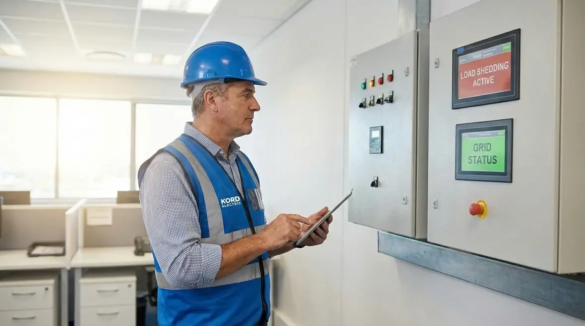 Technicians configuring commercial electrical load shedding systems in a commercial building