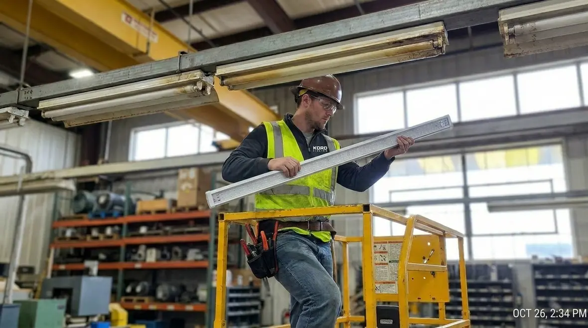 Technicians mapping lighting inventory for a manufacturing LED retrofit