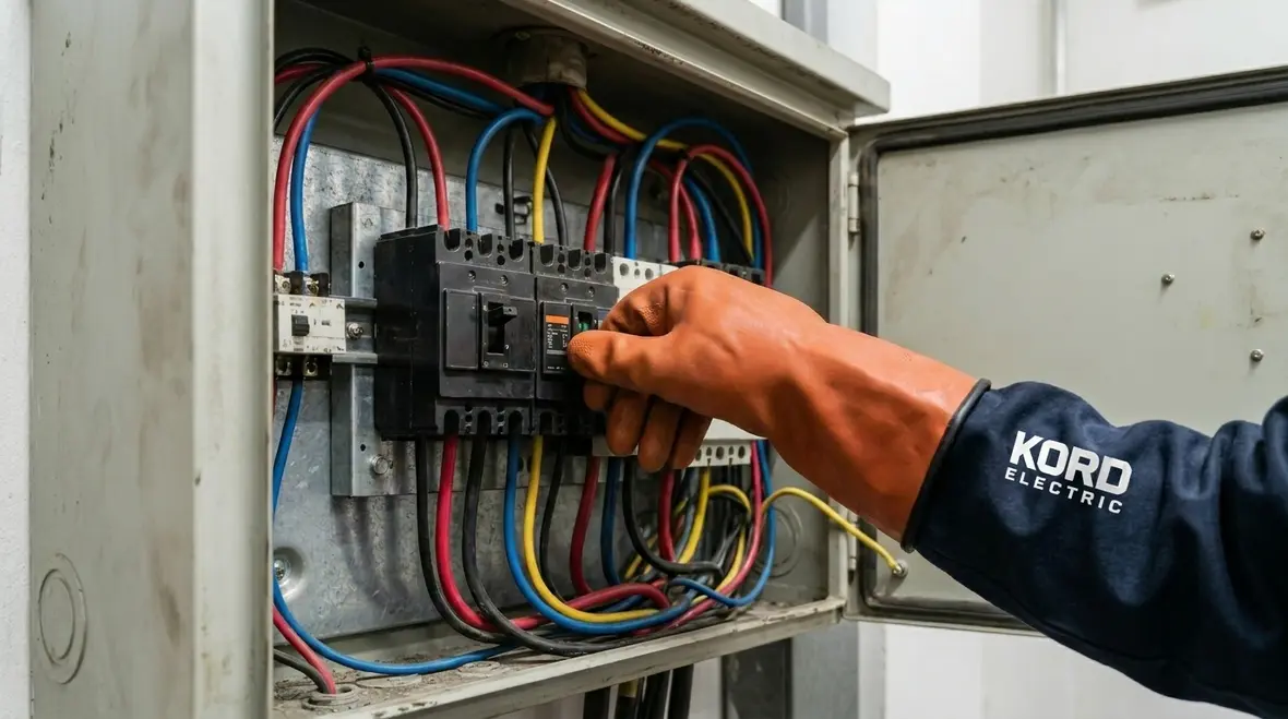 Commercial electrical panel showing warning signs like discoloration and overloaded breakers