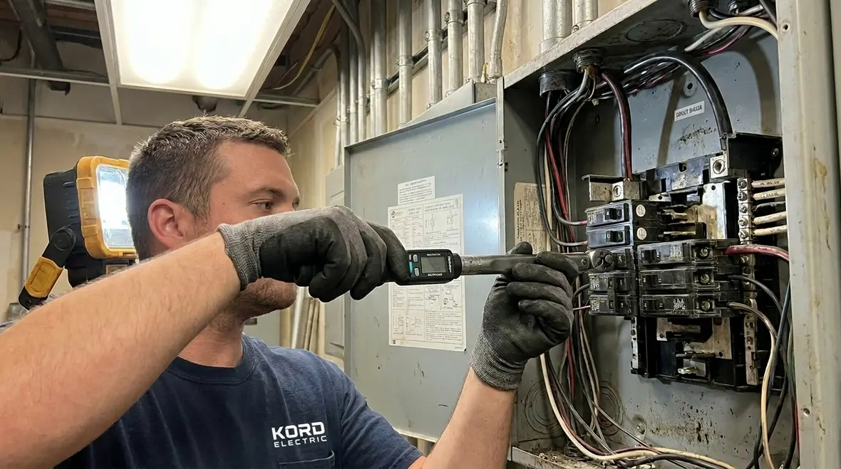 Close-up of commercial electrical panel and breakers being inspected