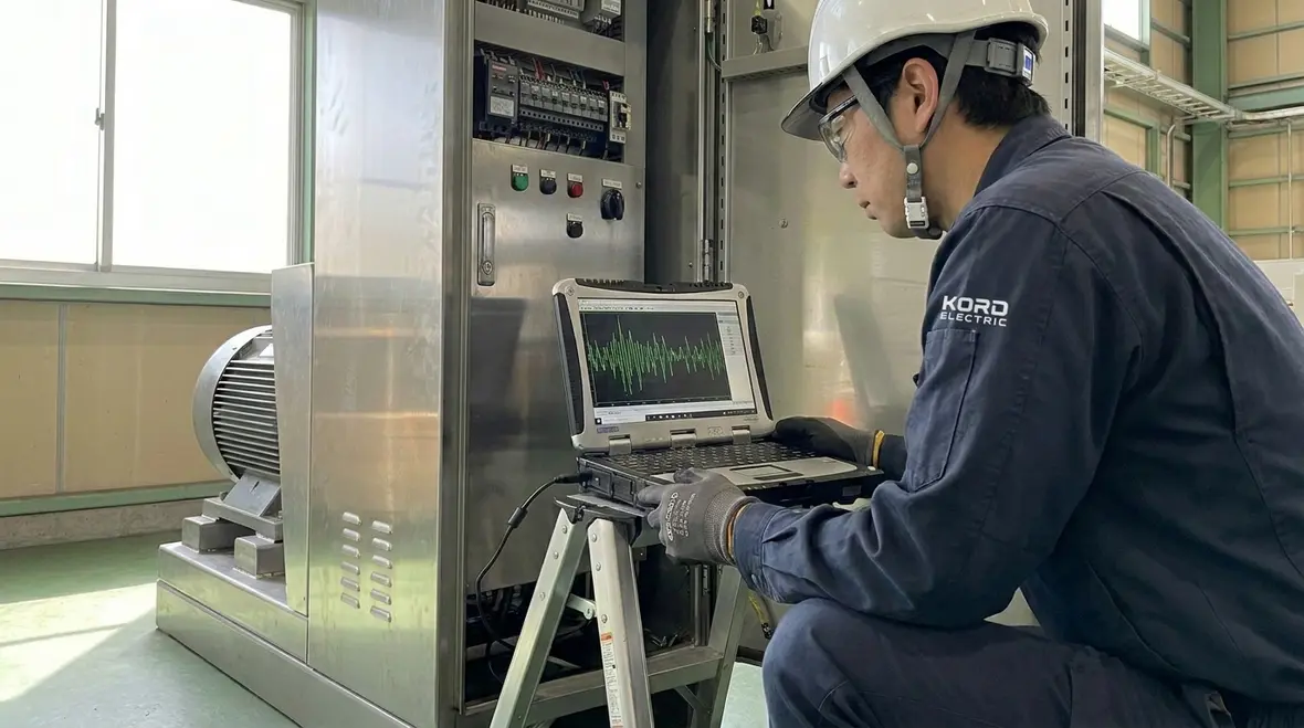 Technician reviewing harmonic data on an industrial electrical panel
