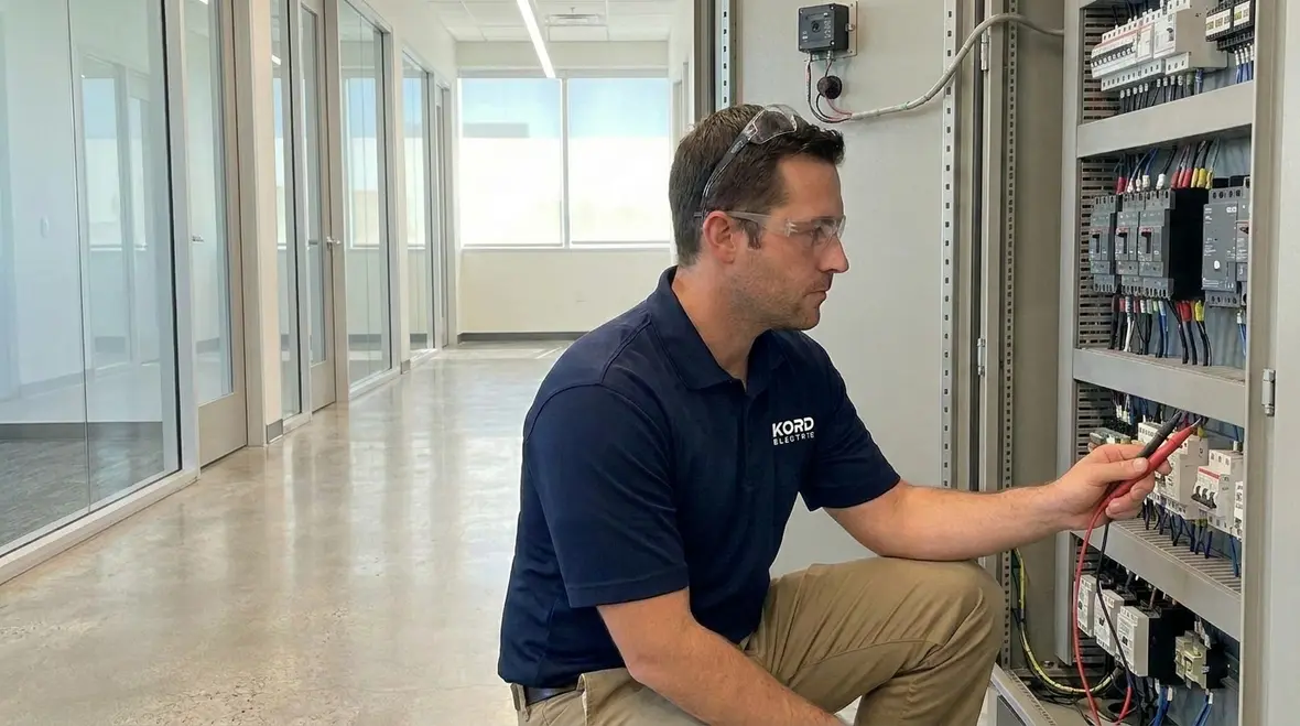 Commercial electrician inspecting an electrical panel during a scheduled replacement