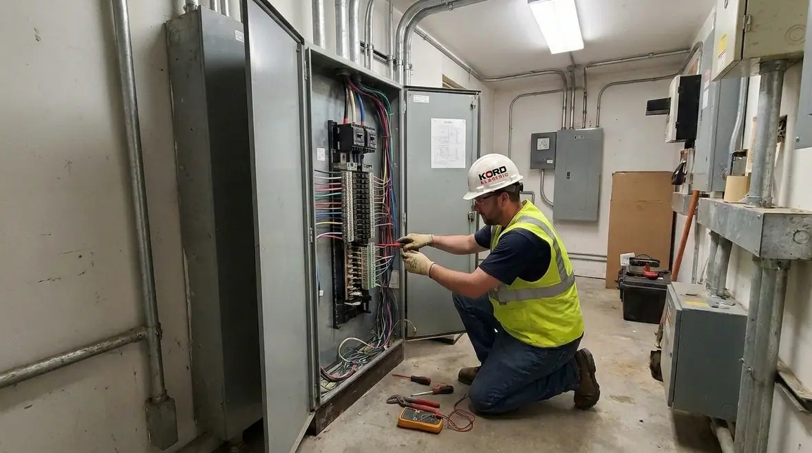 Kord Electric team monitoring commercial electrical power quality during live operations