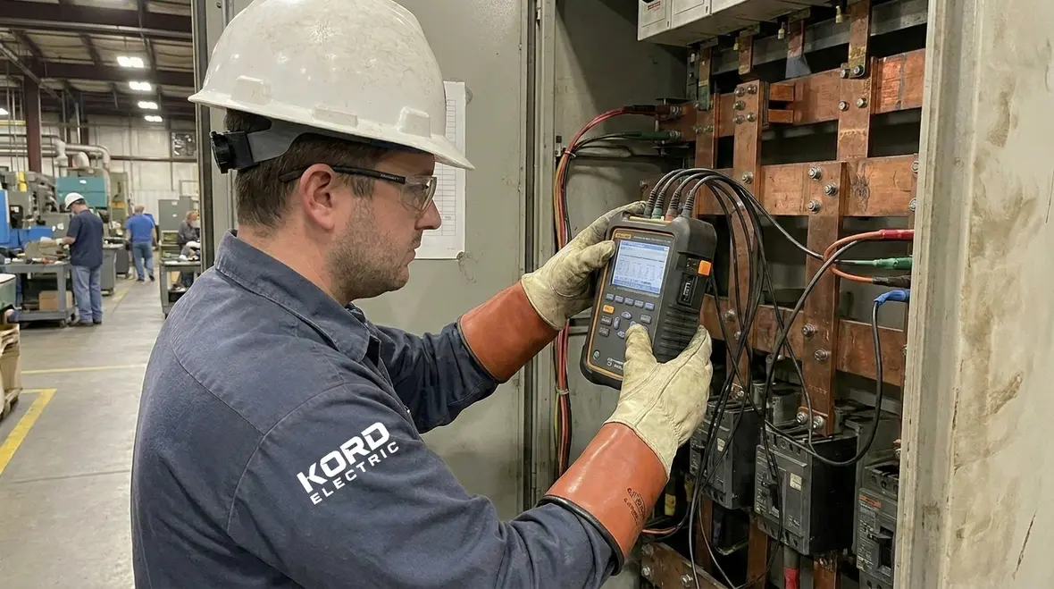 Technician performing commercial electrical power quality monitoring in a distribution panel