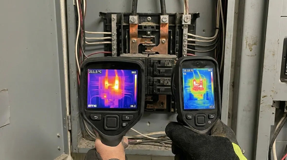 Technician performing commercial electrical panel heat mitigation inspection