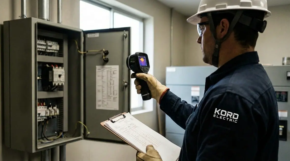 Technician tightening and verifying commercial panel terminations