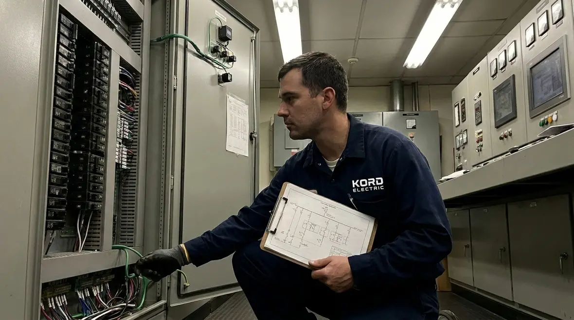 Kord Electric team inspecting panels during a surge protection assessment