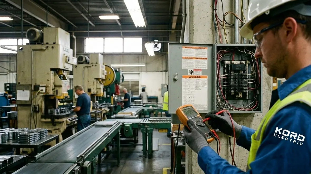 Technician reviewing commercial surge protection plan in an industrial facility