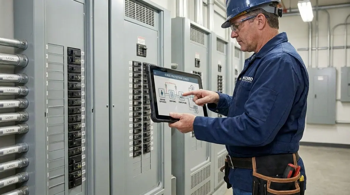 Diagram of layered commercial electrical surge protection strategies in a large facility