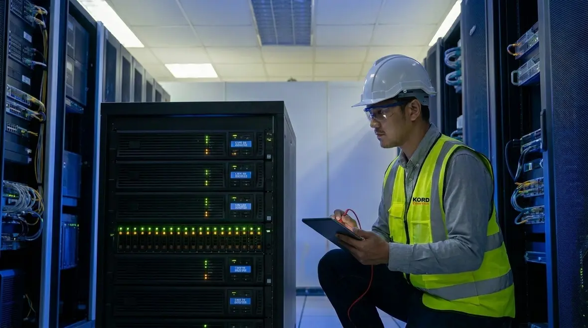 Technician inspecting commercial electrical switchgear for redundancy and uptime