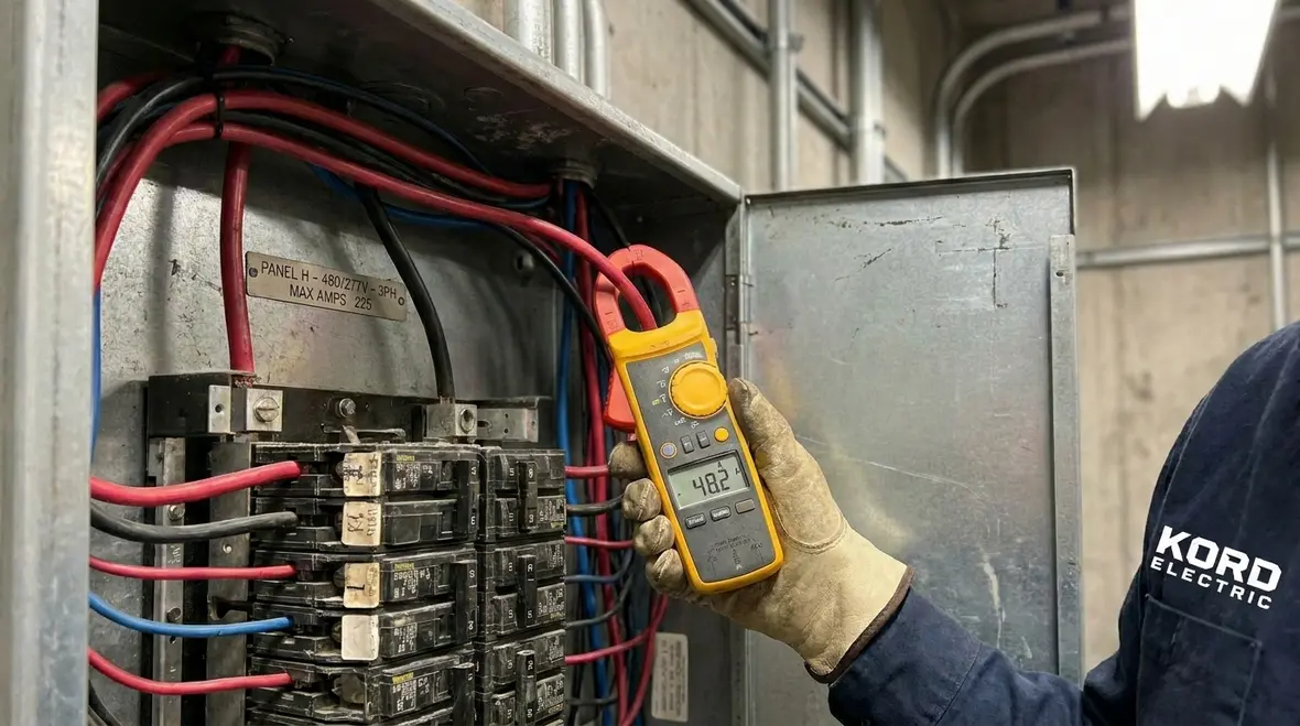 Technician reviewing load calculations for a new commercial subpanel