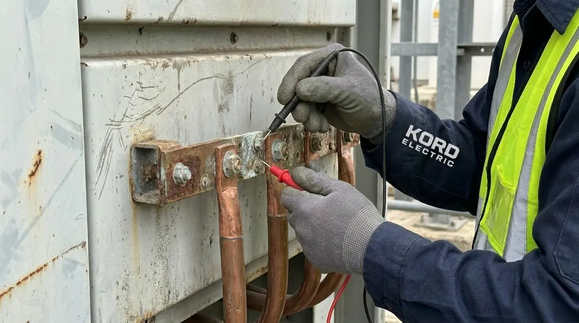 Grounding and bonding work inside an industrial electrical room