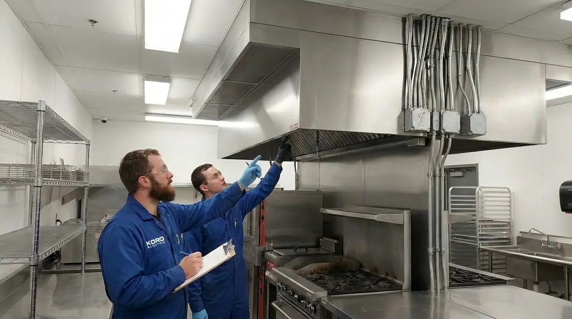 Technician reviewing commercial kitchen electrical load plans