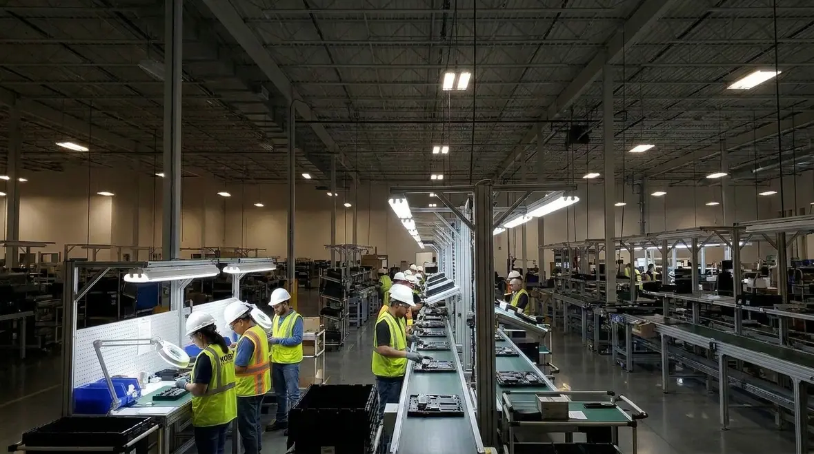 Technician tuning industrial lighting controls in a manufacturing facility