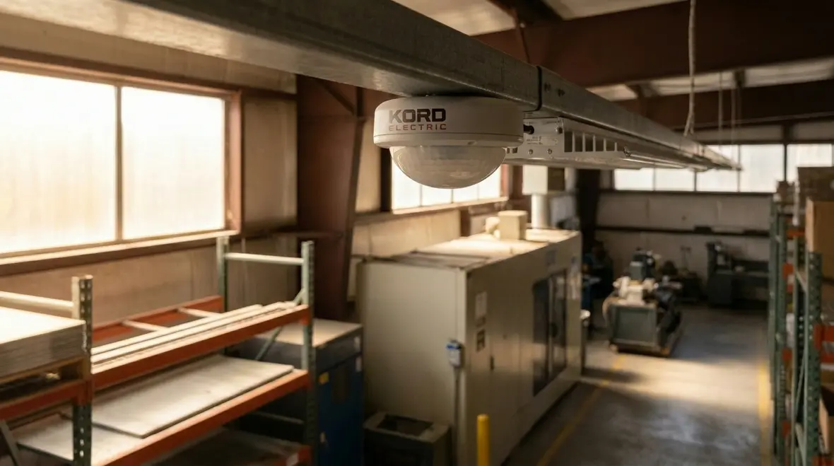 Kord Electric technician commissioning lighting controls in an industrial building