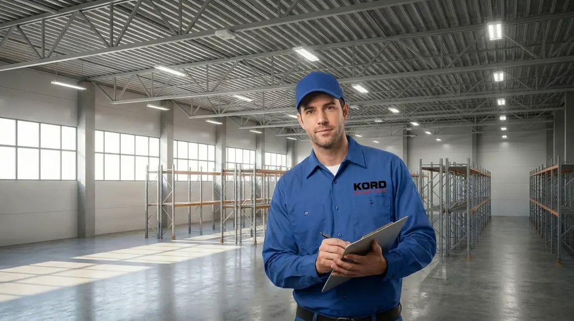 Technician configuring a commercial lighting control integration system in a modern facility