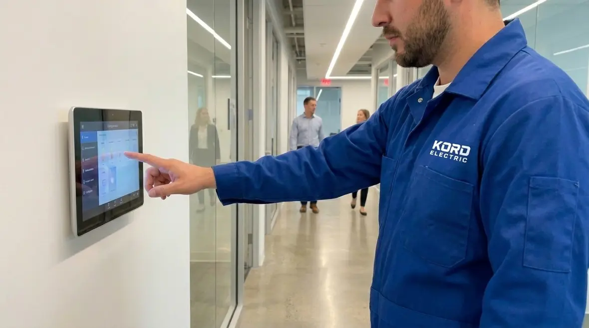 Technicians configuring a commercial lighting control system integration in a modern facility