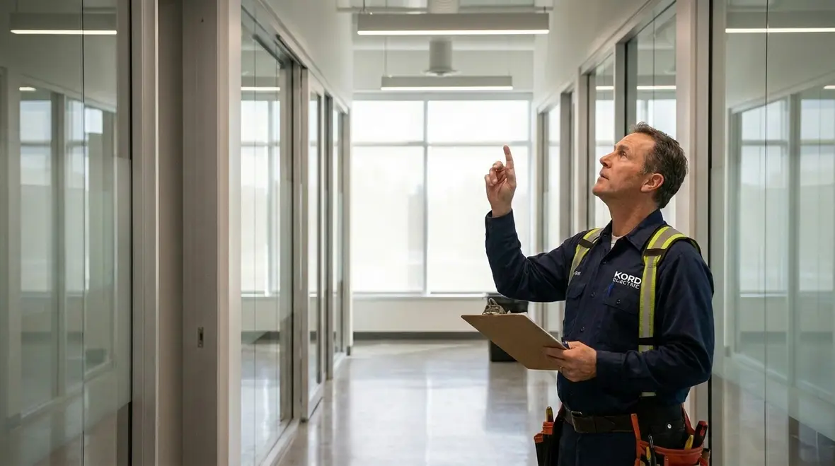 Technicians performing a commercial lighting control systems retrofit in an office corridor