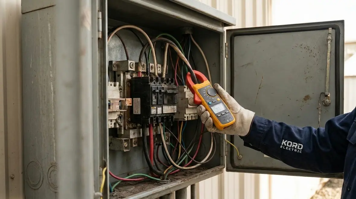 Technicians reviewing commercial electrical load balancing at a main distribution panel
