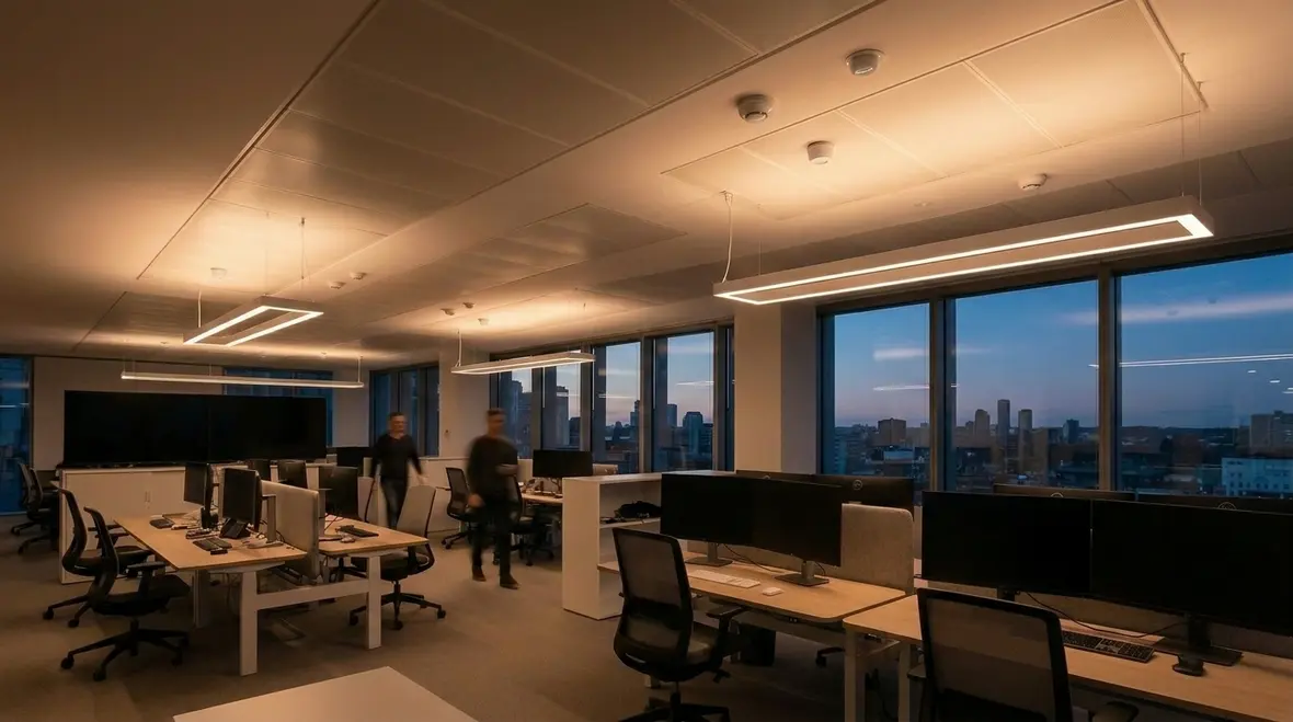 Technician configuring a commercial lighting control panel in a mechanical room