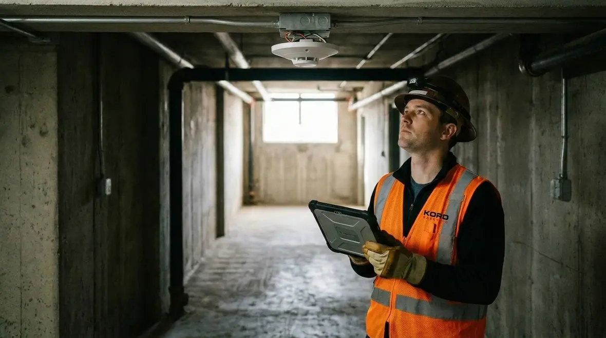 Maintenance team verifying lighting control sensors and wiring in a commercial facility
