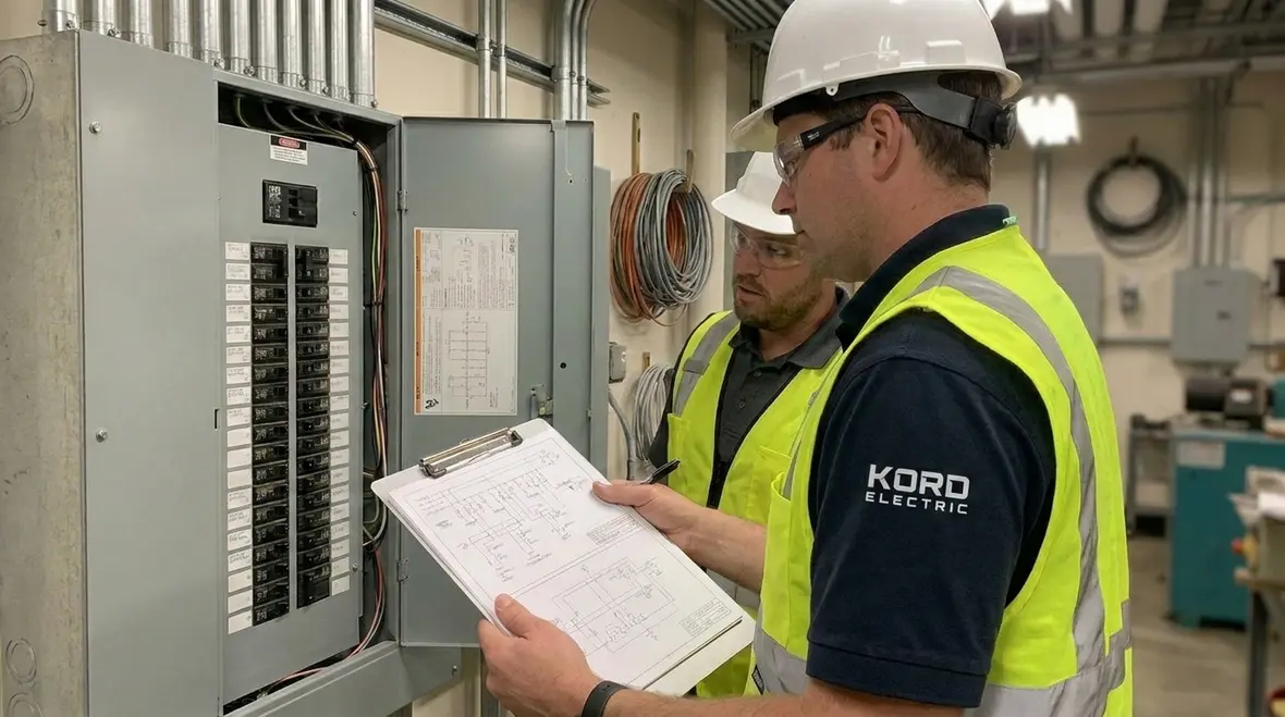 Technician reviewing commercial subpanel installation considerations and load calculations