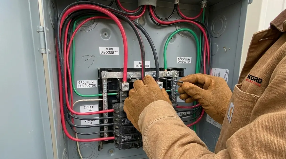 Labeled commercial subpanel with organized wiring and grounding