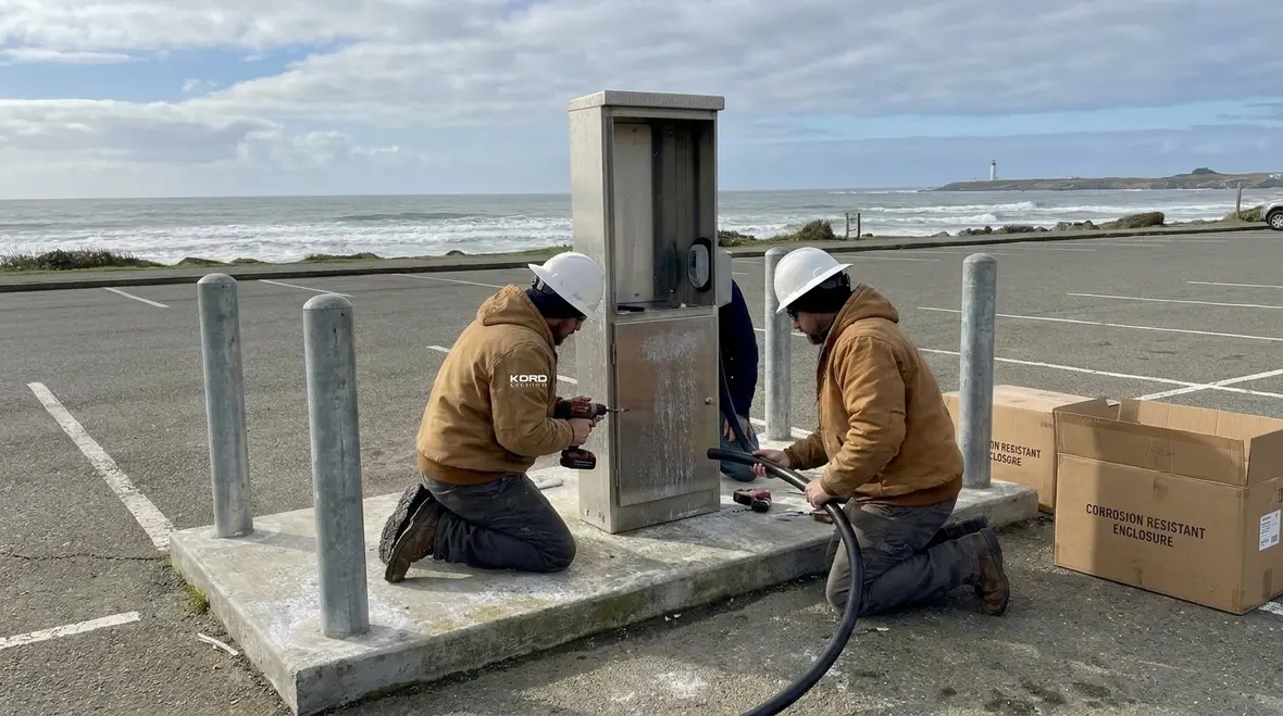 Weather-protected EV charging equipment in a coastal lot