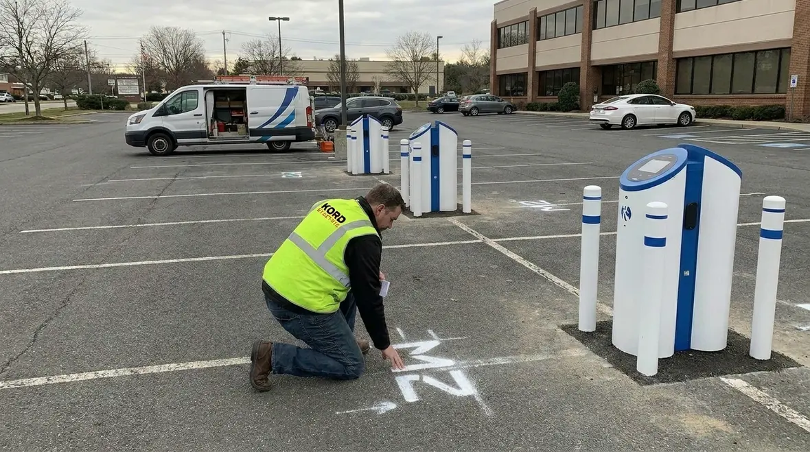 Technician reviewing EV charging layout on a commercial lot
