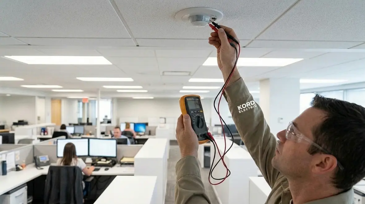 Technician configuring commercial lighting control system logic