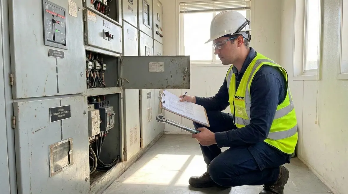 Technicians performing commercial electrical switchgear maintenance