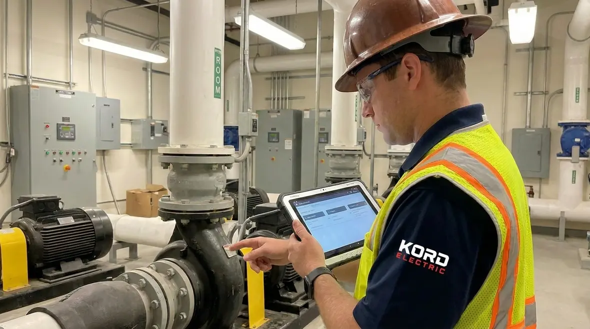 Technicians reviewing electrical energy data for a commercial building