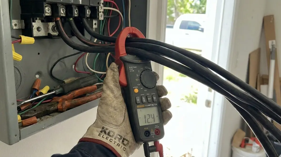 Electrician reviewing a commercial electrical service panel during a capacity evaluation