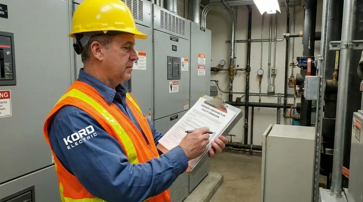 Facility managers reviewing an emergency electrical safety plan for a commercial property