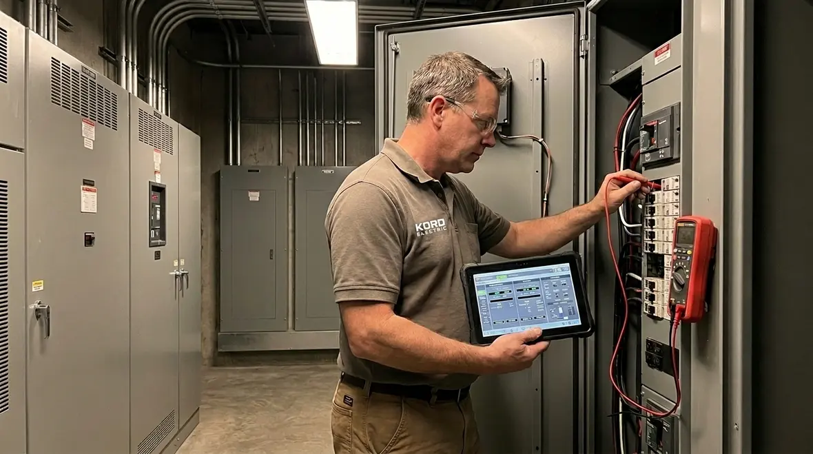 Technicians using advanced test equipment for electrical troubleshooting in an industrial facility