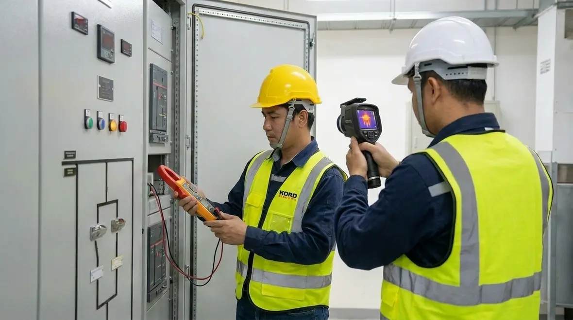 Commercial electrician performing downtime reduction electrical troubleshooting in a switch room